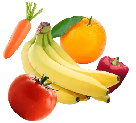 frutas y verduras saludables que incluye banano, tomate, zanahoria, naranja y pimentón