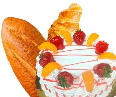imagen con delicioso pan, croissant y una torta blanca