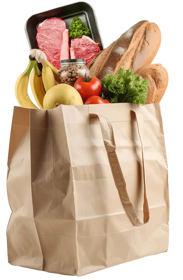 bolsa de compras con carnes, panadería y vegetales